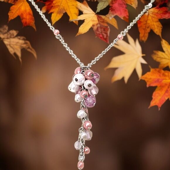 Faux Pearl Cluster Necklace Pendant Drip Dangle Pink Mauve Silver Tone Regency. - Picture 15 of 16